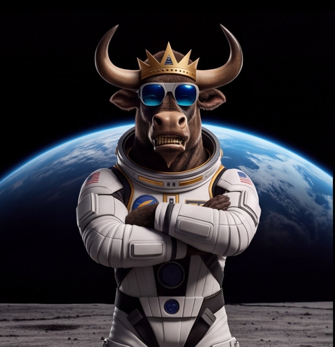NOVA, the cosmic bull AI character, in a crown and astronaut suit